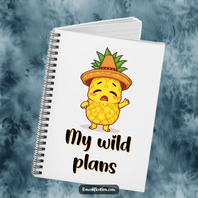 Funny notebook with a bewildered pineapple character wearing a sombrero, comically attempting to limbo, ready for note-taking.