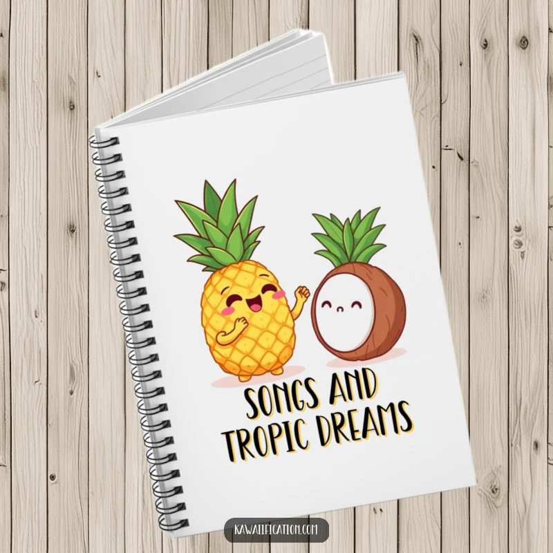 Funny notebook with a cheerful pineapple singing opera to a shy coconut, for jotting down funny musical ideas.