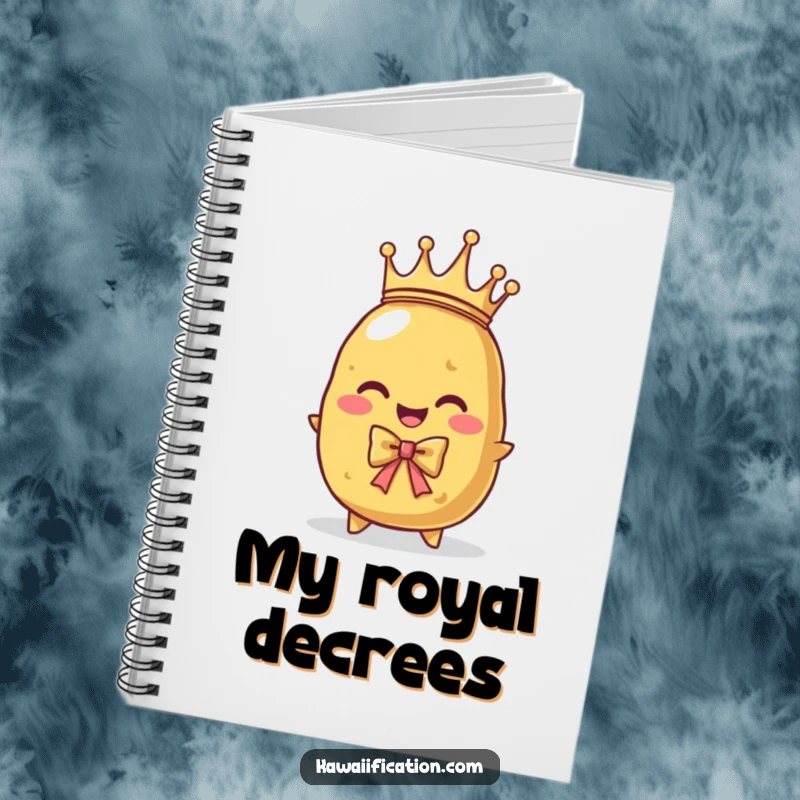 Funny notebook with a proud potato character wearing a tiny crown, attempting a regal bow. Ideal for capturing royal thoughts.
