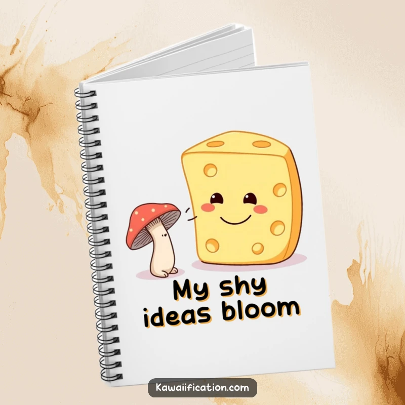 Funny shy mushroom winking at a smiling cheese on a notebook cover, designed for charming note-taking.