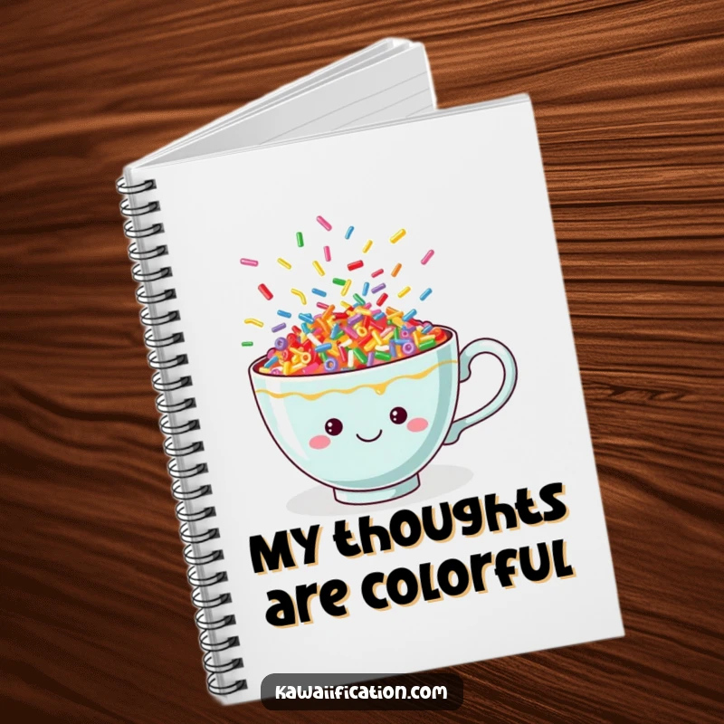 Funny sprinkle teacup notebook with a vibrant cover showcasing a cheerful cup brimming with dancing colorful sprinkles.
