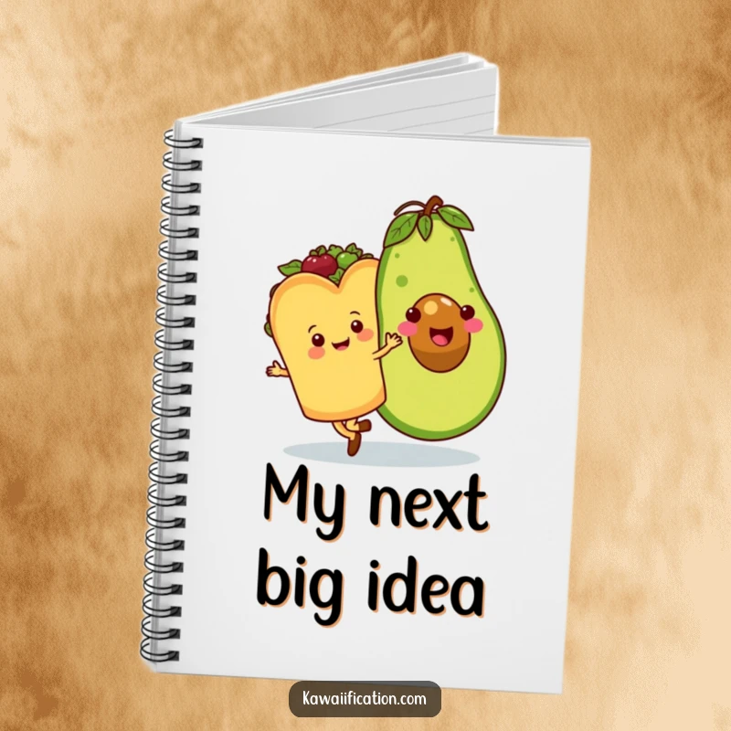 Funny notebook cover with a happy taco character waltzing with a big smiling avocado, perfect for jotting down funny thoughts.