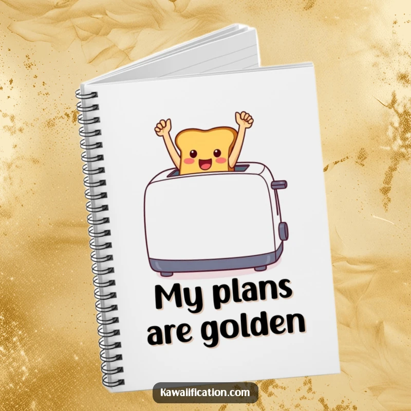 Funny cheerful toast leaping from a toaster with arms raised in triumph on the cover of a notebook.