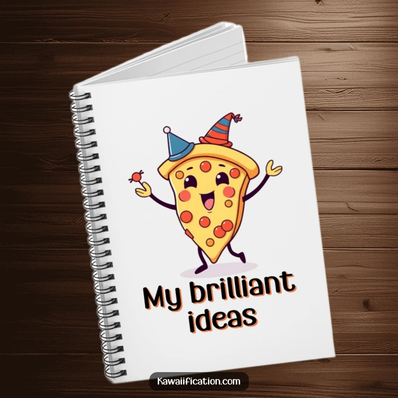 Funny notebook cover showing a pizza slice character juggling slices, each with a tiny hat, perfect for jotting down party ideas.