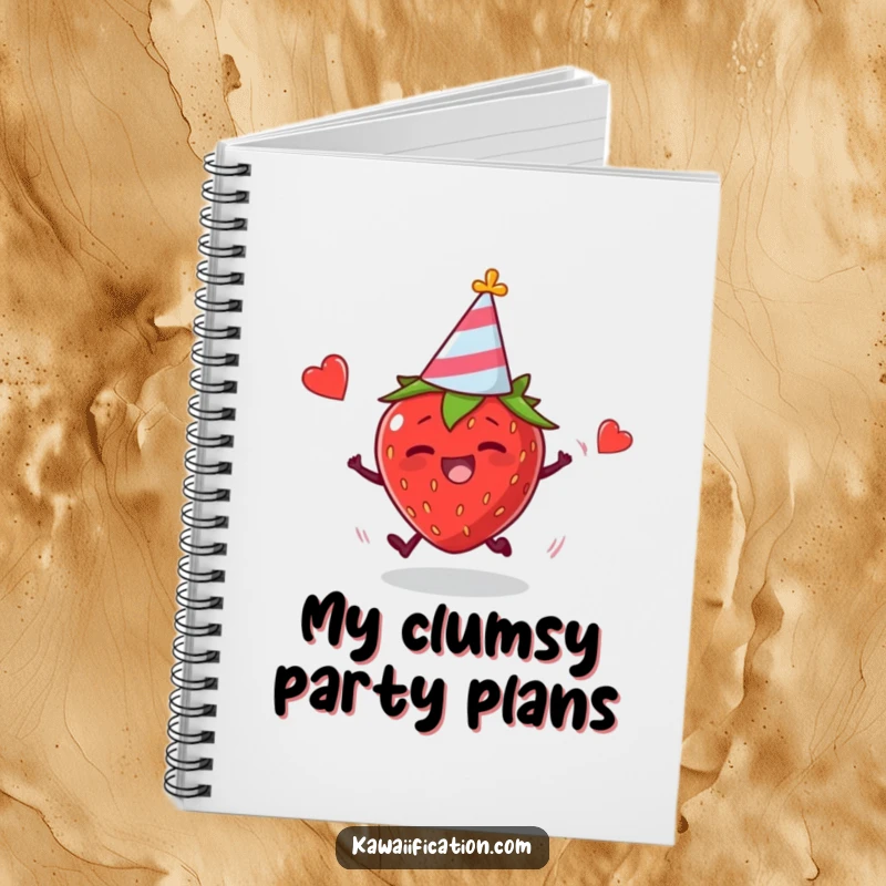 Funny notebook with a plump strawberry in a party hat tripping, for jotting down funny party ideas.