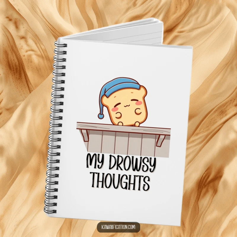 Funny sleepy bread loaf wearing a nightcap, falling off a shelf, a notebook with a humorous cartoon cover of a tired character, excellent funny gift.