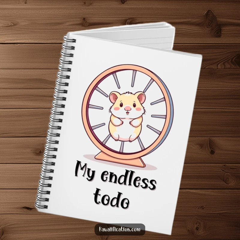 Funny Notebook cover featuring a hamster stuck in a large, spinning wheel, symbolizing the constant flow of ideas and tasks.
