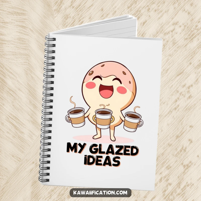 Funny notebook with a laughing donut character humorously juggling coffee cups, ideal for jotting down sweet ideas.