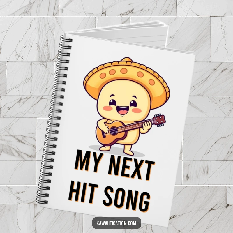 Funny notebook with a delighted taco in a mariachi hat, enthusiastically playing a tiny guitar, ready for jotting down inspired thoughts.