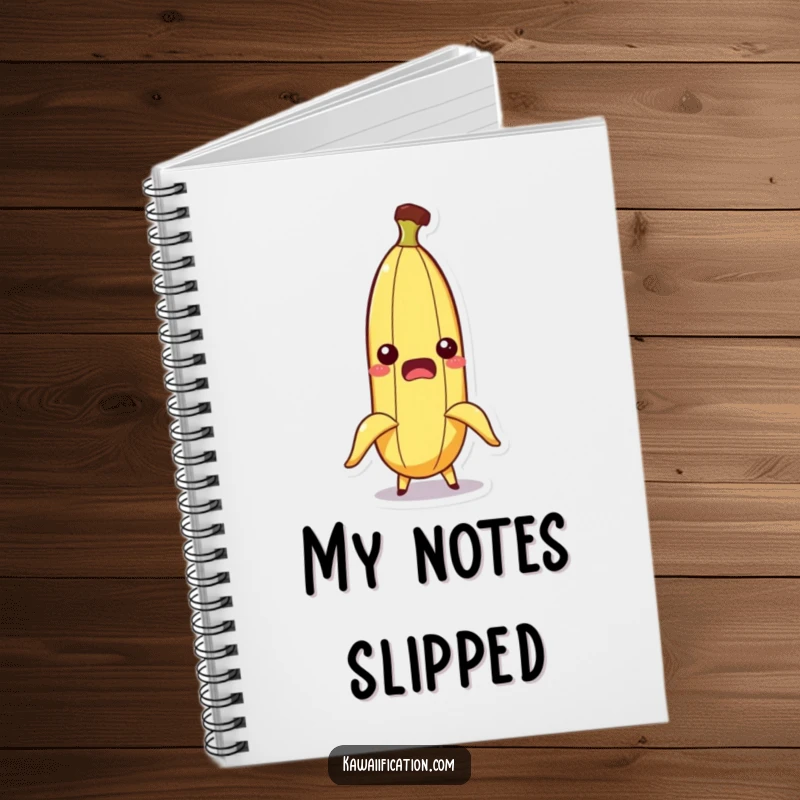 Funny notebook cover featuring a startled banana character comically losing its peel, perfect for humorous note-taking.
