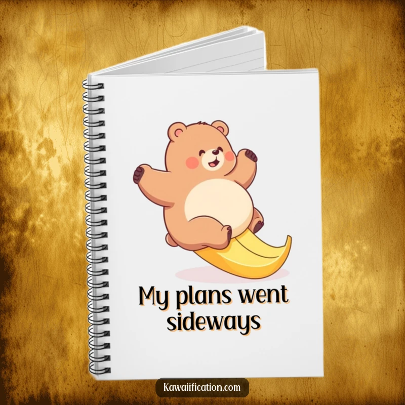 Funny bear banana slip notebook with a cover depicting a plump bear's comical struggle on a slippery banana peel.