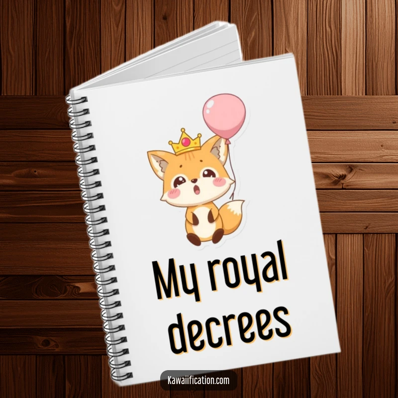 Funny notebook with a surprised fox wearing a tiny crown, falling out of a balloon, perfect for taking notes or sketching.