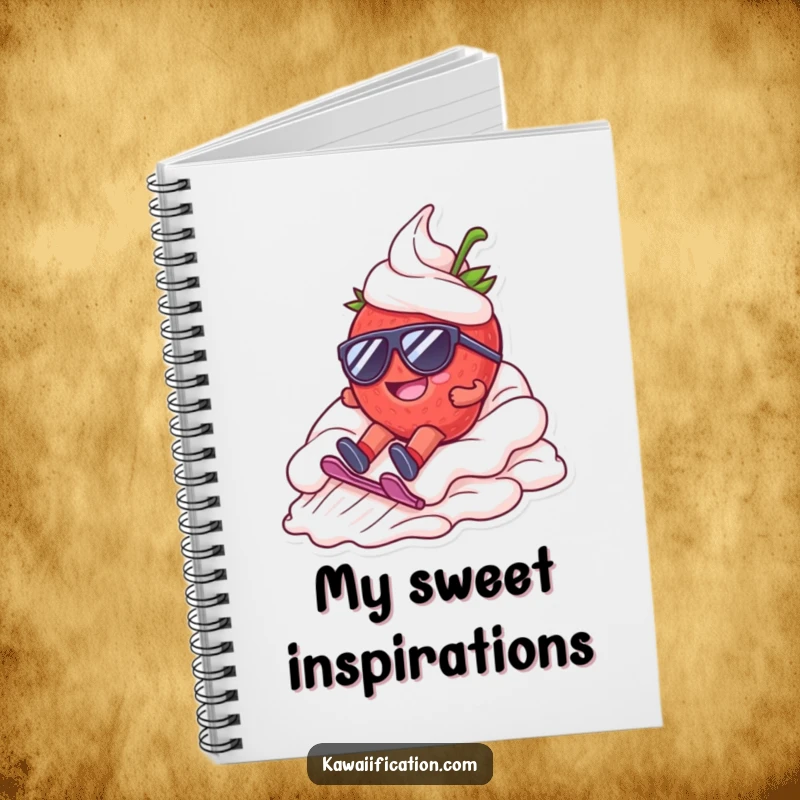 Funny notebook with a happy strawberry character wearing sunglasses, dramatically sliding down whipped cream, ready for sweet note-taking.