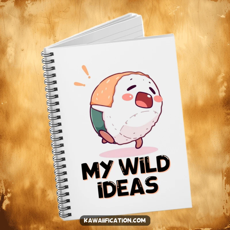 Funny notebook cover showing a startled sushi piece character doing a comical backflip, perfect for jotting down surprising ideas.