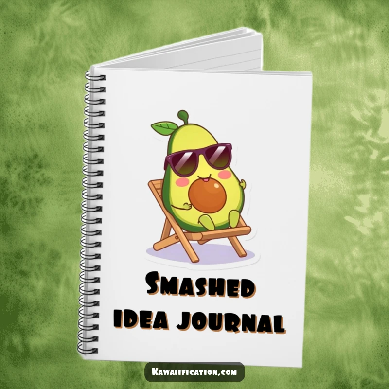 Funny smiling avocado character wearing sunglasses, lounging on a tiny beach chair, featured on the cover of a lined notebook.