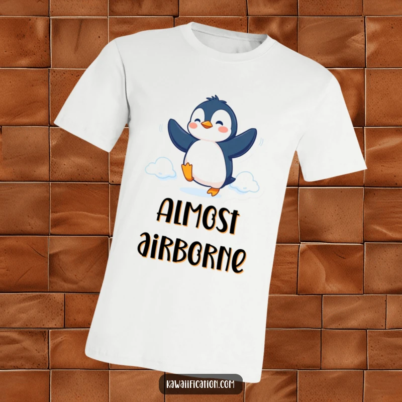 Funny T-Shirt depicting a determined penguin trying to fly with its flippers, embodying humor and perseverance.