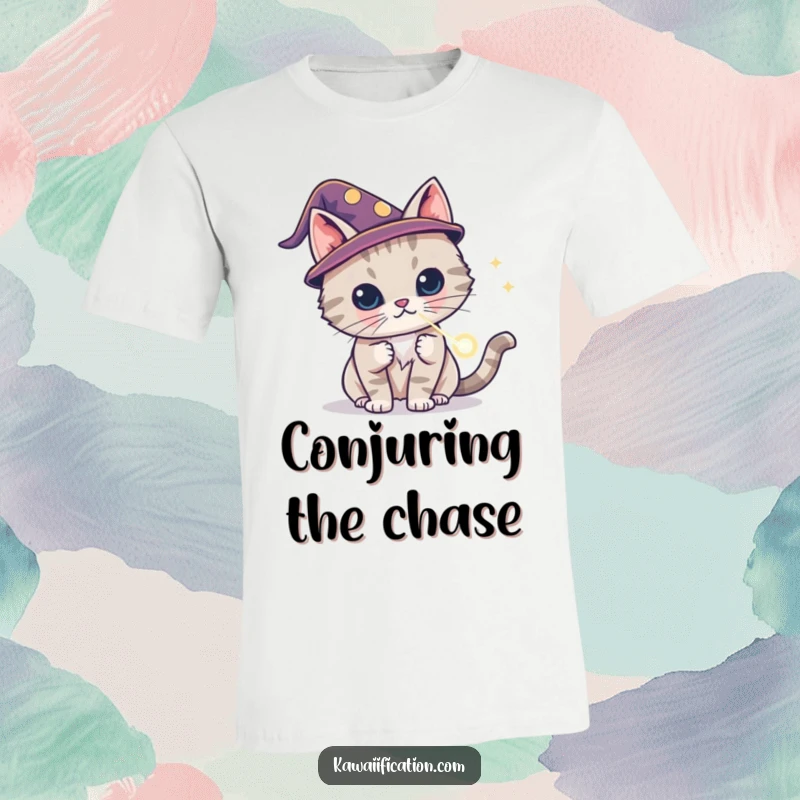 Funny cat wizard t-shirt wearing a tiny hat, magically conjuring a laser pointer dot, ideal funny gift.