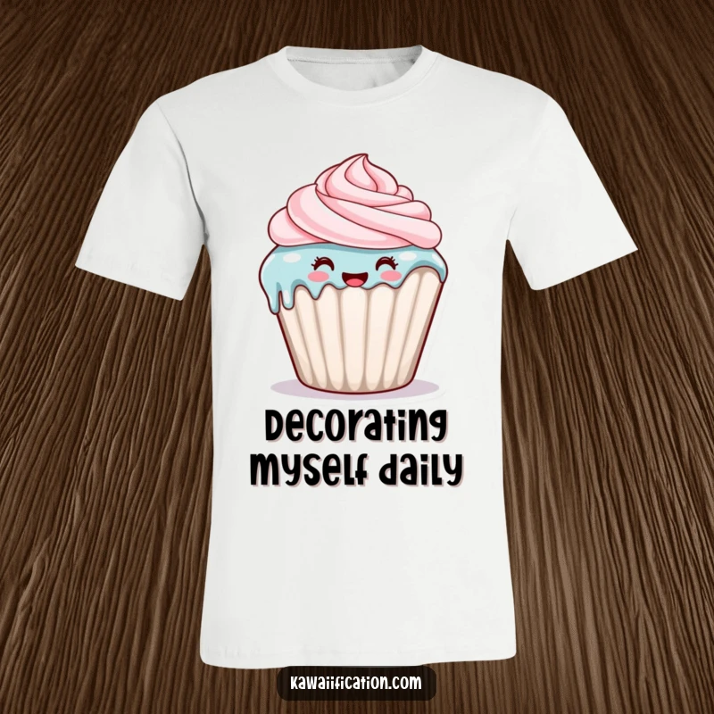 Funny T-shirt featuring a happy cupcake character with frosting dripping down its side, embodying delicious dessert fun.