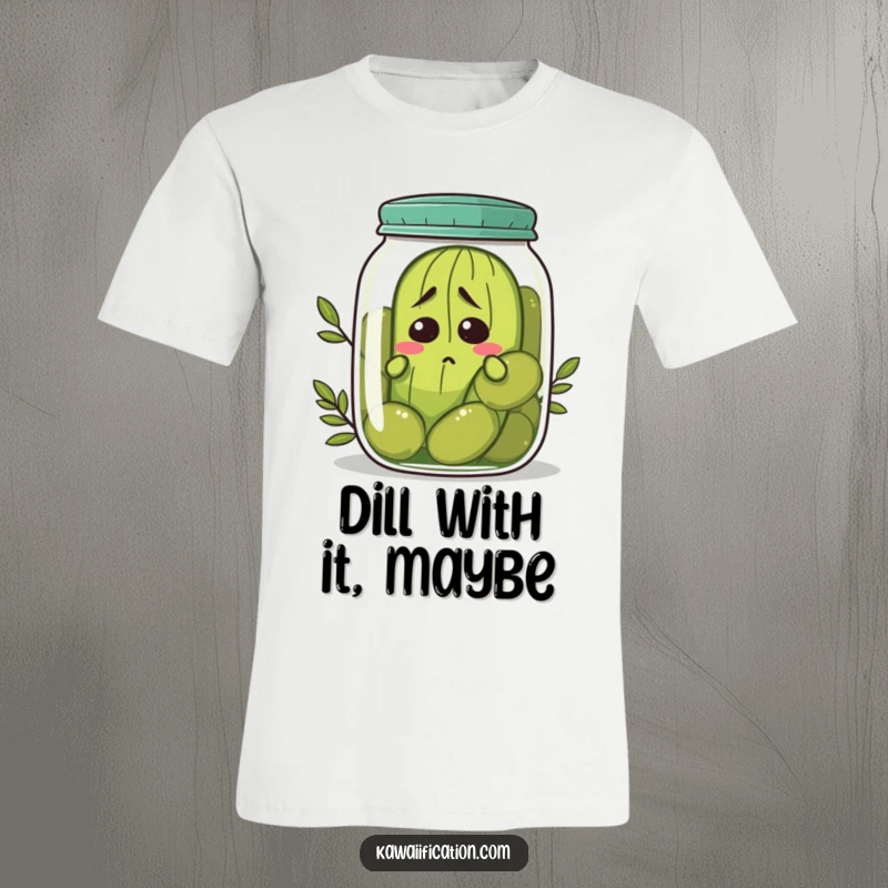 Funny nervous pickle t-shirt trying to hide in a jar of olives, a relatable symbol of awkwardness, ideal funny gift.