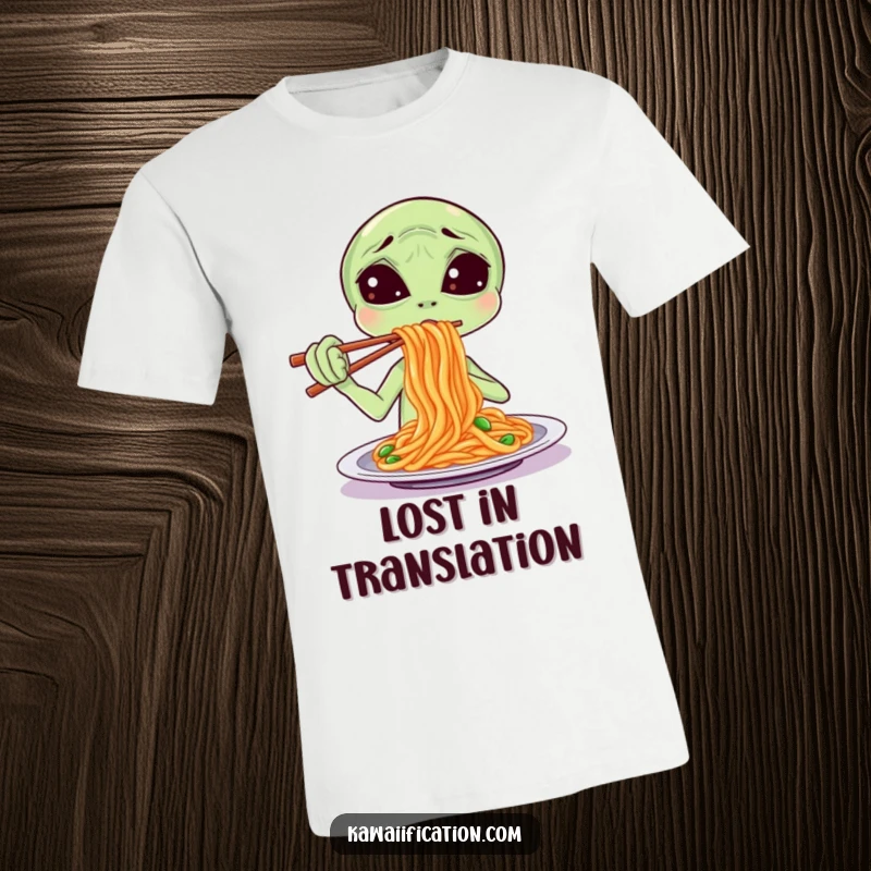 Funny T-Shirt design of a confused alien attempting to eat spaghetti with chopsticks, highlighting cosmic dining challenges.
