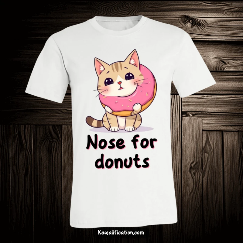Funny wobbly cat trying to balance a giant donut on its nose, printed on a t-shirt.
