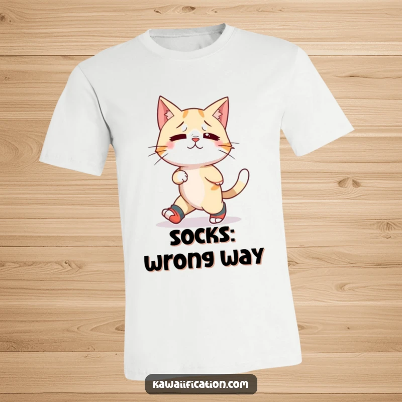 Funny t-shirt showing a confused cat humorously sporting mismatched socks and trying to walk backward, a playful pet theme.