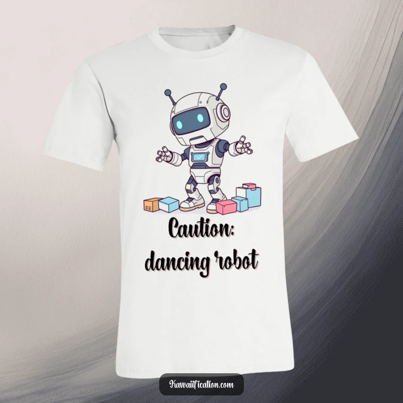 Funny t-shirt showcasing a clumsy robot mid-dance, accidentally knocking over supplies with a comical, apologetic look.