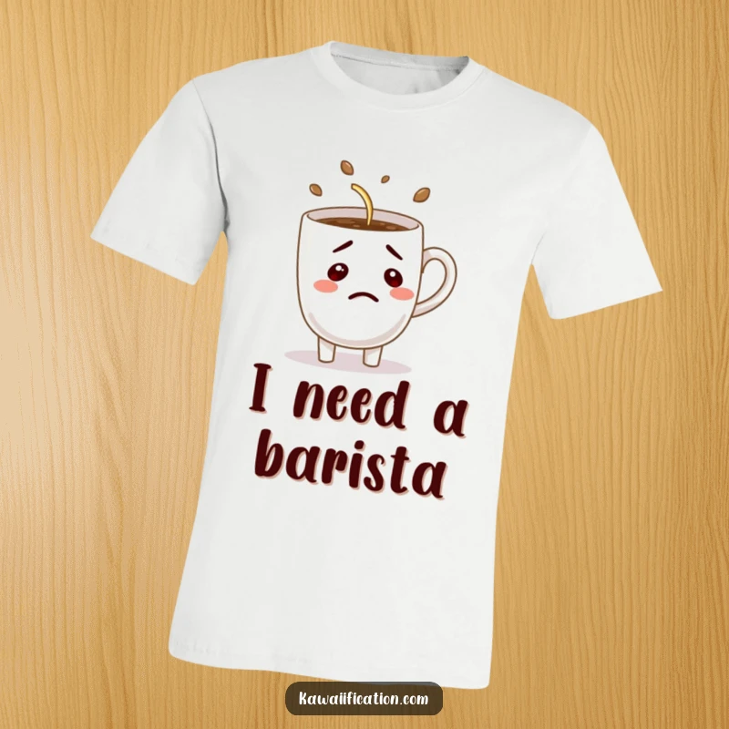 Funny t-shirt depicting a confused coffee cup character hilariously trying to self-pour, capturing relatable morning energy and mishaps.