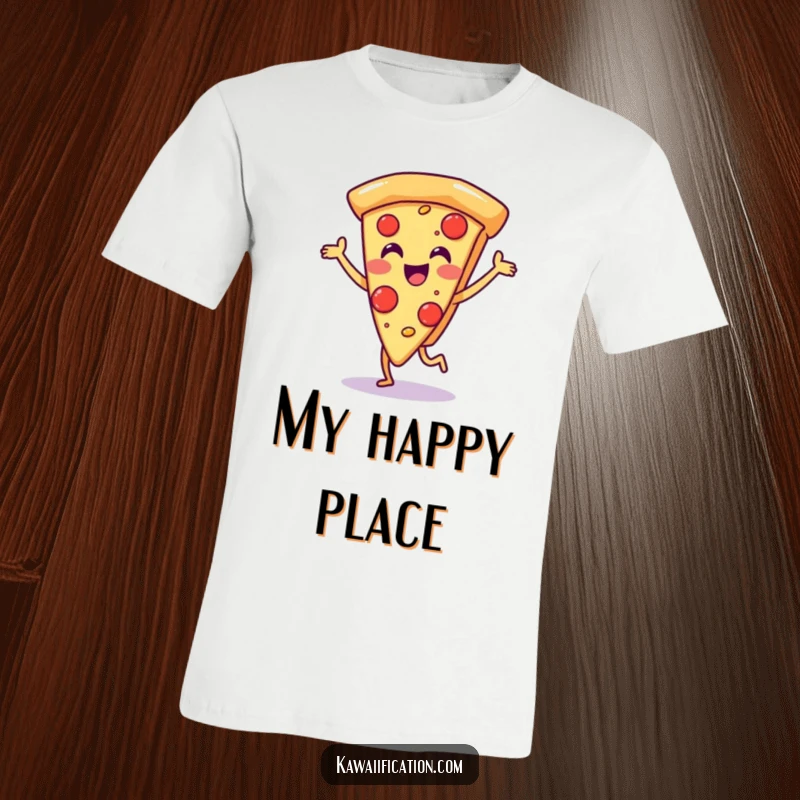 Funny t-shirt with a joyful pizza slice character performing a lively, happy dance, radiating pure fun and cheesy enthusiasm.