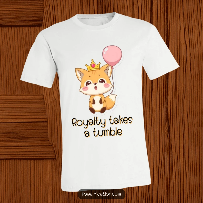 Funny t-shirt featuring a surprised fox wearing a small crown, comically falling out of a balloon, capturing a moment of surprising adventure.
