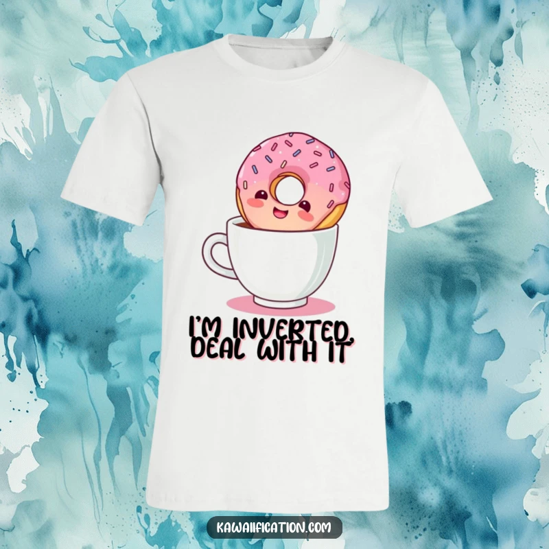 Funny T-shirt print of a giggling donut with sprinkles, happily floating upside down in a coffee cup.
