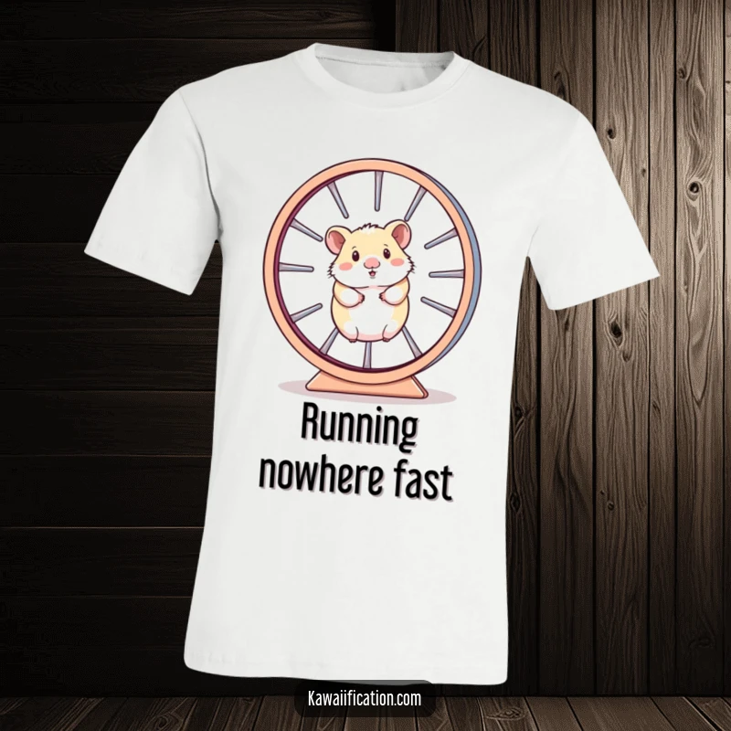 Funny T-Shirt showing a small hamster running endlessly inside a giant spinning wheel, symbolizing the relentless pace of life.