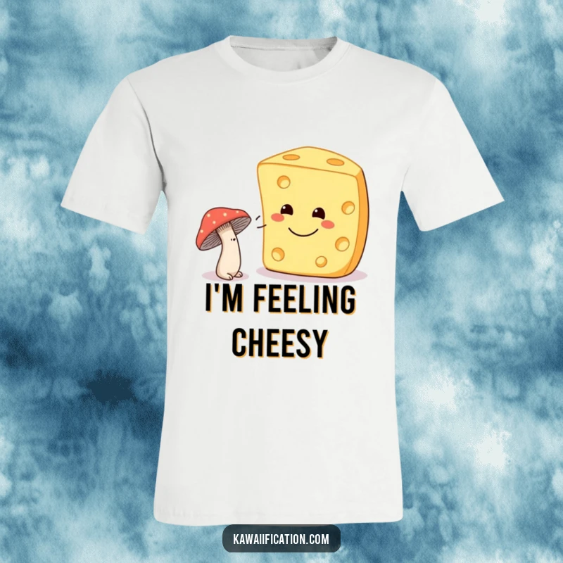 Funny shy mushroom winking at a giant smiling cheese on a t-shirt, a cute and humorous design.