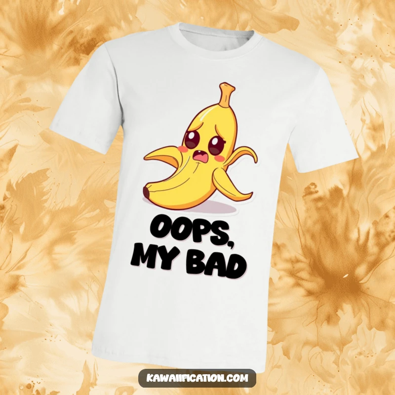 Funny startled banana peel slipping on itself with wide eyes, cartoon character in a comical, unexpected fall, great for a funny gift.