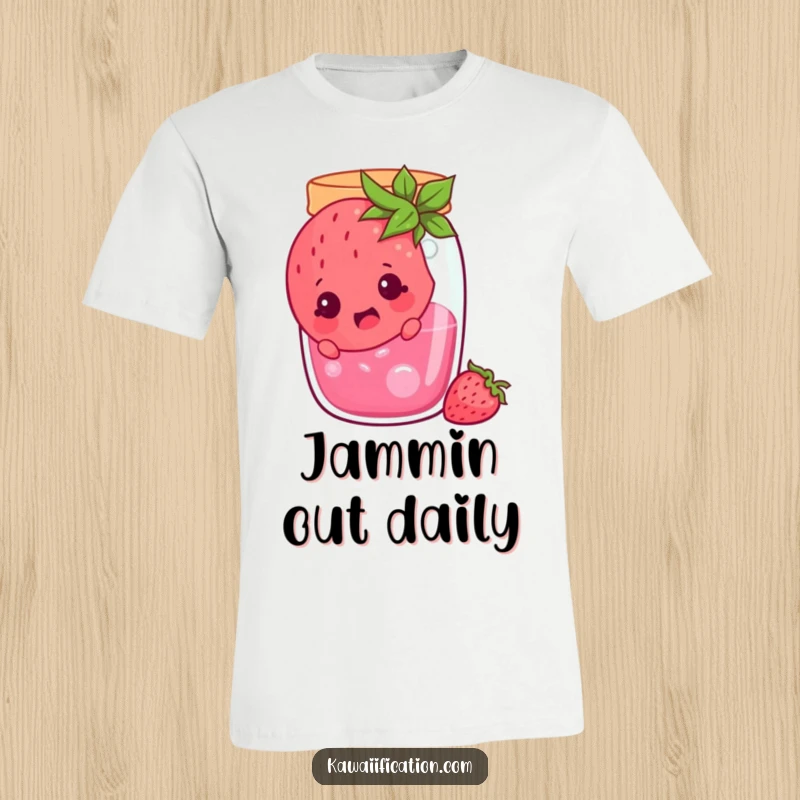 Funny cheerful strawberry stuck in a jam jar, looking surprised, cartoon apparel for expressing surprise and fun, great funny gift.