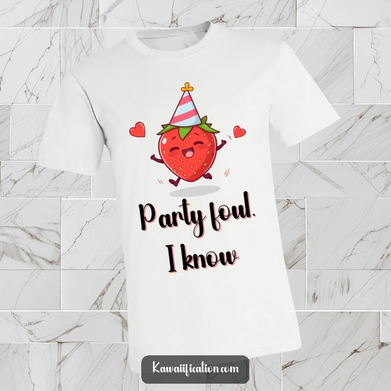 Funny t-shirt depicting a plump strawberry in a party hat tripping, illustrating hilarious party mishaps with fruit.
