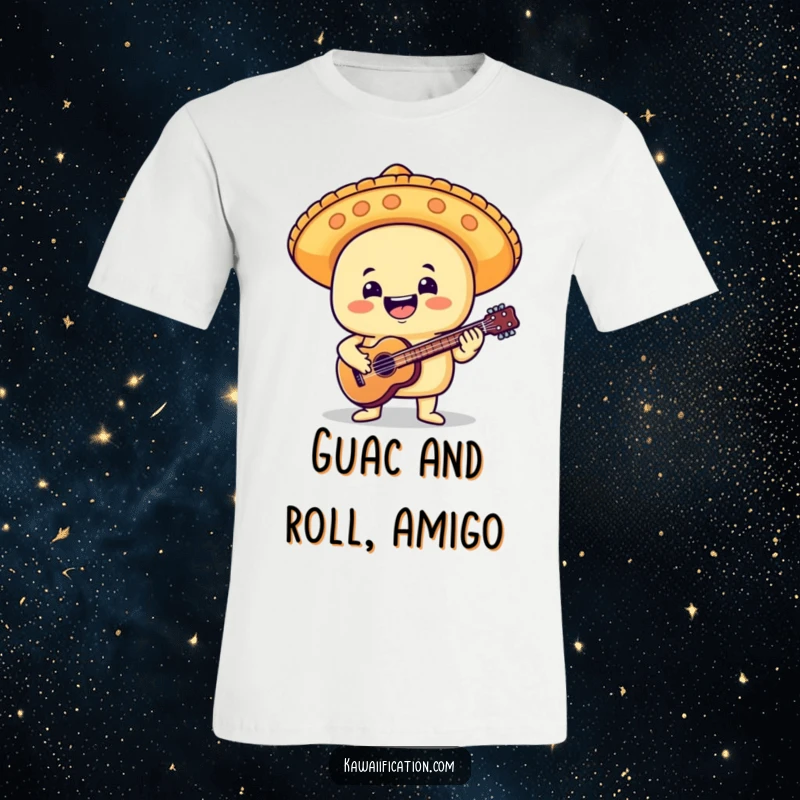 Funny t-shirt showing a delighted taco character wearing a mariachi hat, passionately playing a small guitar with musical flair.