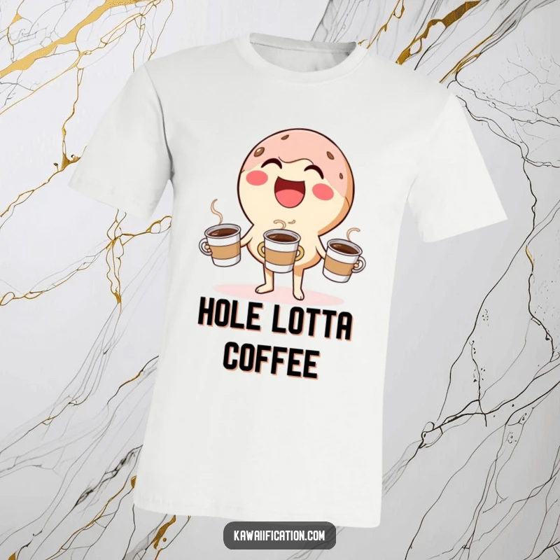Funny t-shirt showing a laughing donut character humorously juggling small coffee cups, a delightful display of breakfast energy.