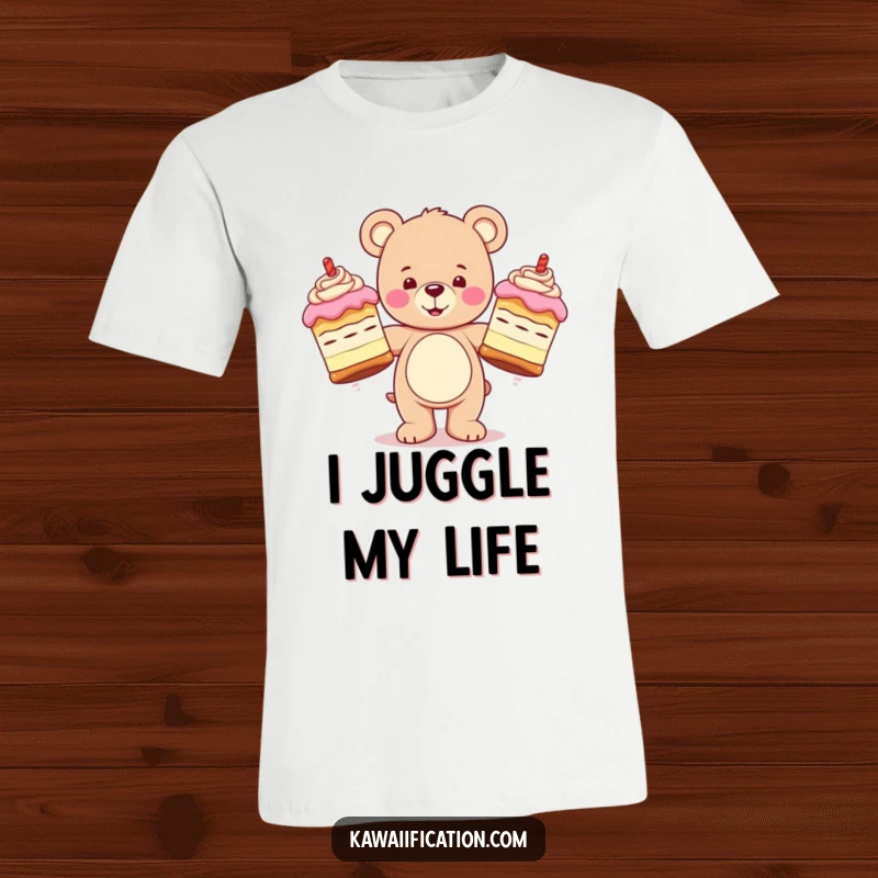Funny t-shirt showcasing a happy teddy bear character juggling three oversized, wobbling cakes, capturing a moment of sweet, precarious fun.