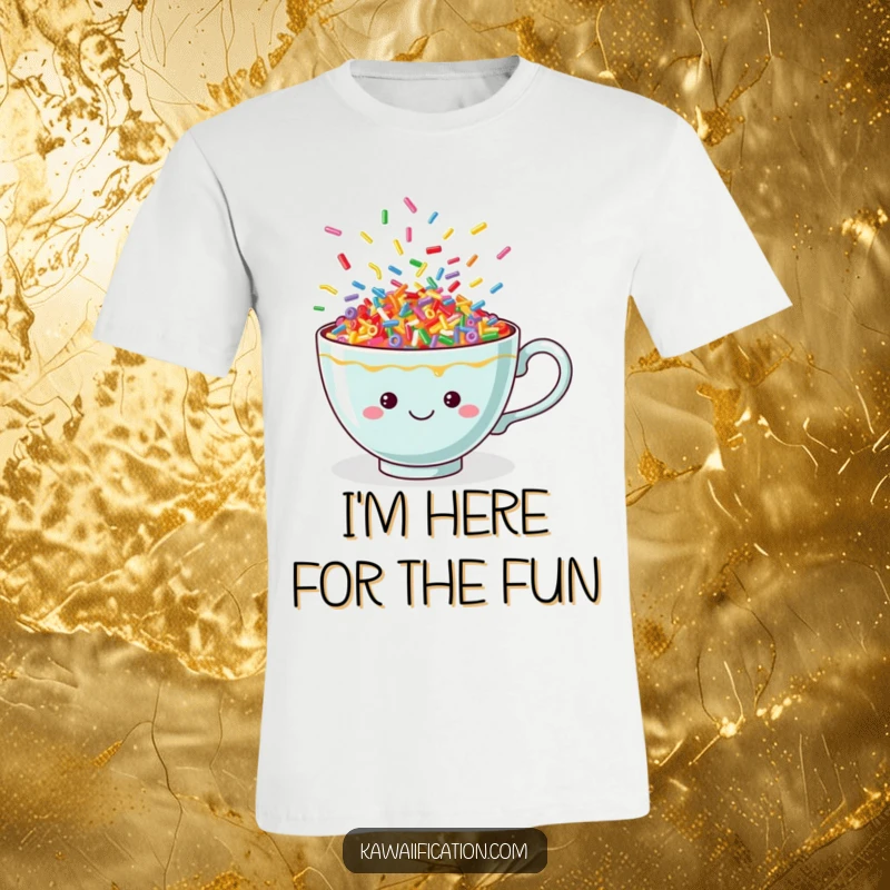 Funny teacup t-shirt bursting with cheerful, dancing sprinkles, symbolizing a vibrant and happy personality, ideal for casual wear.