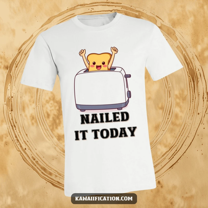 Funny cheerful toast leaping from a toaster, arms raised in a triumphant pose, on a graphic t-shirt.