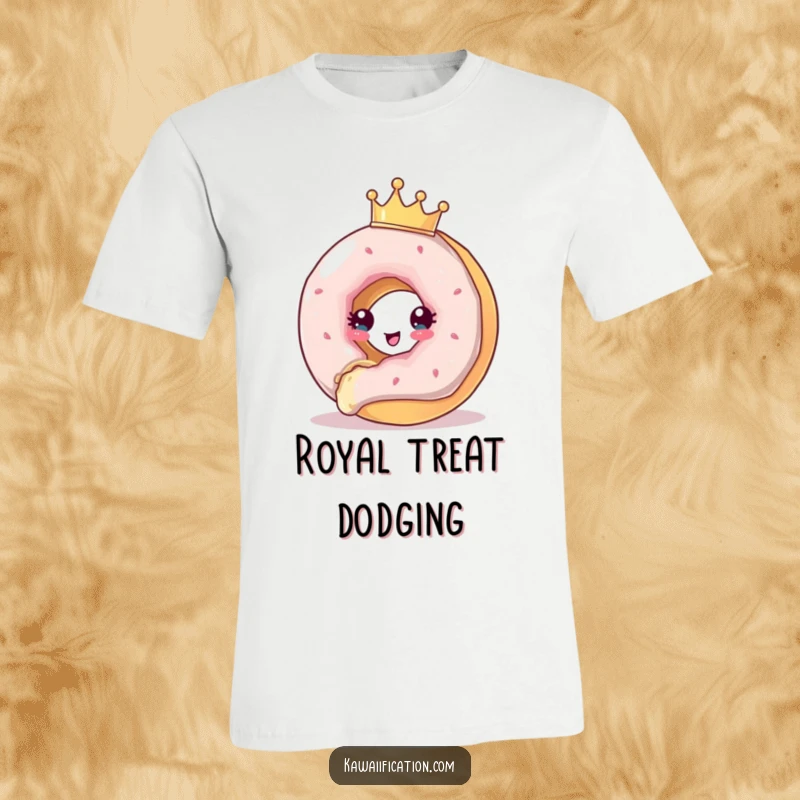 Funny T-Shirt design of a donut crowned like royalty, attempting to flee from a large bite, embodying a humorous struggle.