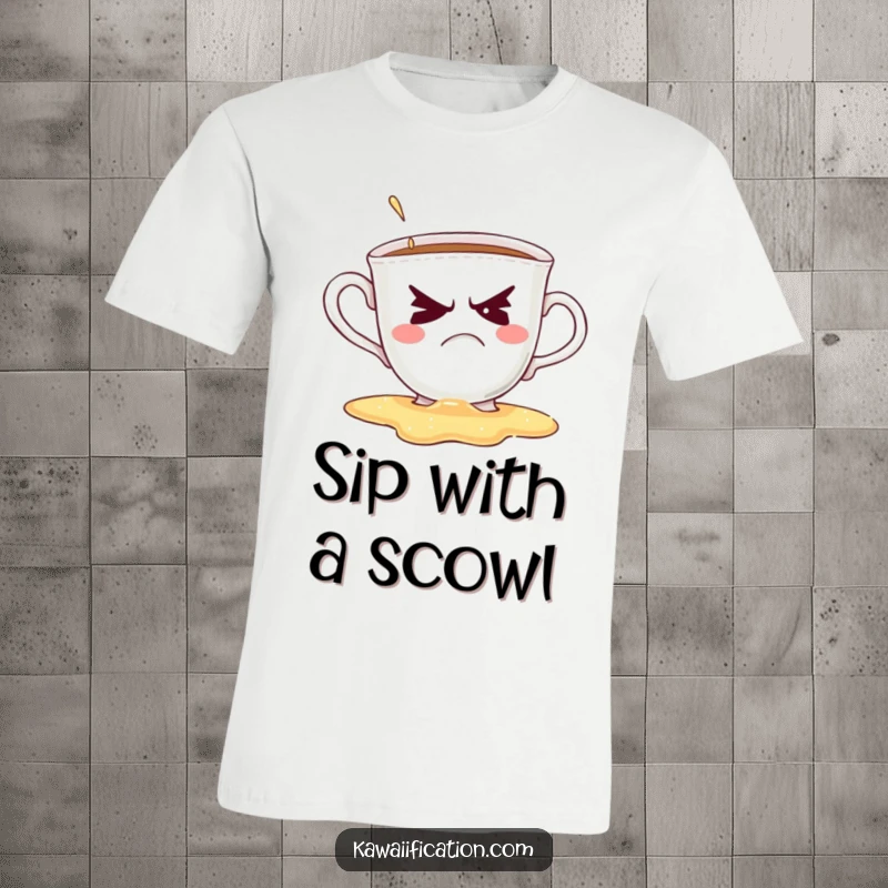 Funny t-shirt depicting a grumpy teacup spilling coffee while attempting a cheeky wink, showing relatable morning humor.
