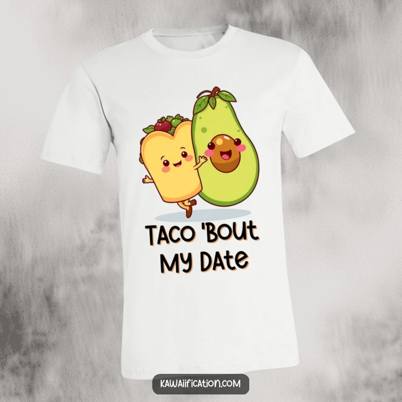 Funny t-shirt showcasing a happy taco character waltzing with a massive, grinning avocado, expressing pure foodie bliss and playful energy.