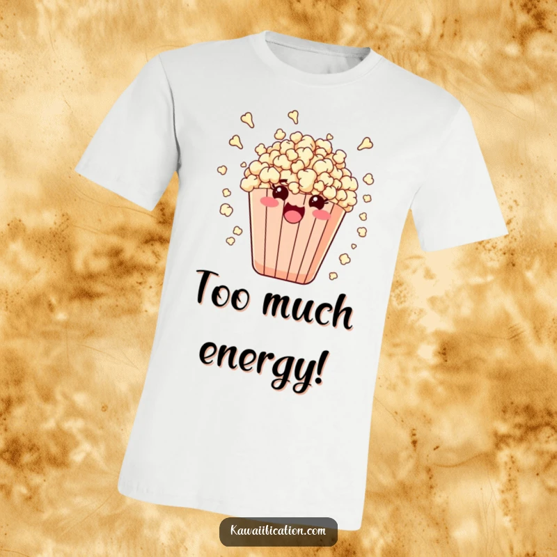 Funny t-shirt design featuring an overjoyed bag of popcorn bursting with excitement and kernels flying everywhere.