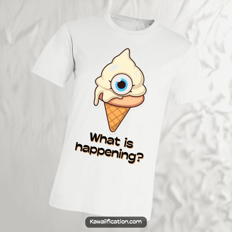 Funny melting ice cream cone with one giant eye, looking confused, a quirky cartoon shirt for expressing confusion, great funny gift.