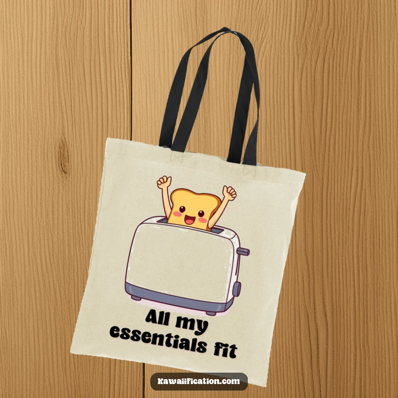 Funny cheerful toast emerging from a toaster with arms raised in triumph, featured on a sturdy tote bag.