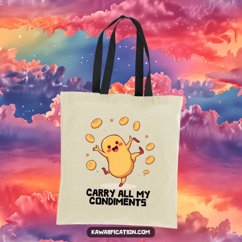 Funny hot dog character cartwheeling and juggling buns on a durable tote bag, a humorous and practical accessory.