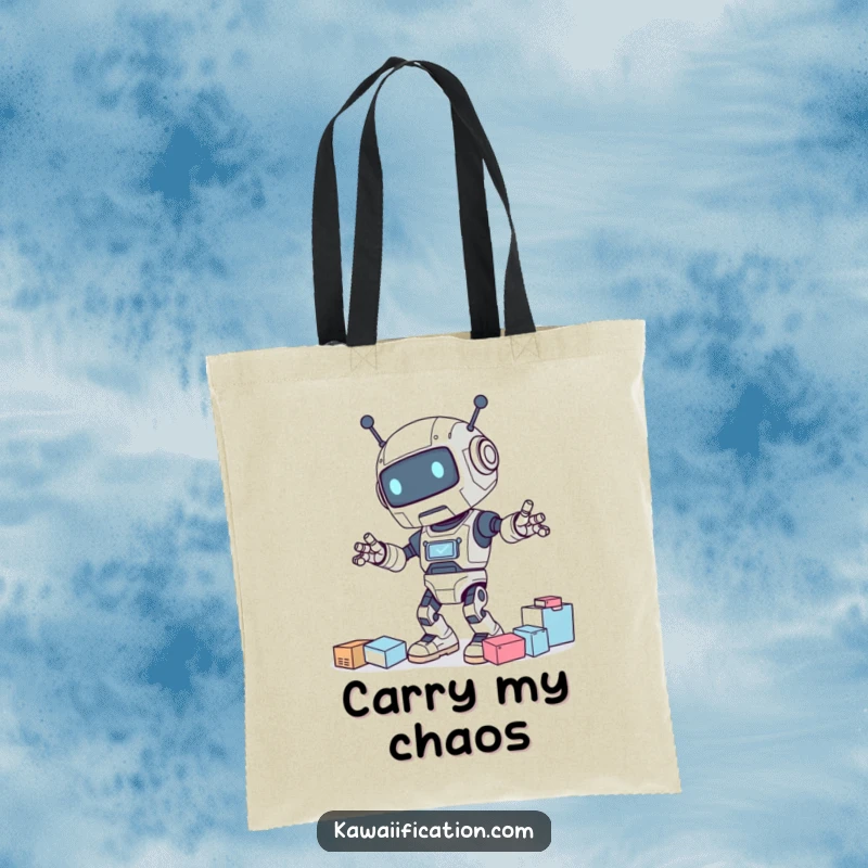 Funny tote bag showing a clumsy robot character tripping while dancing, scattering various items around humorously.