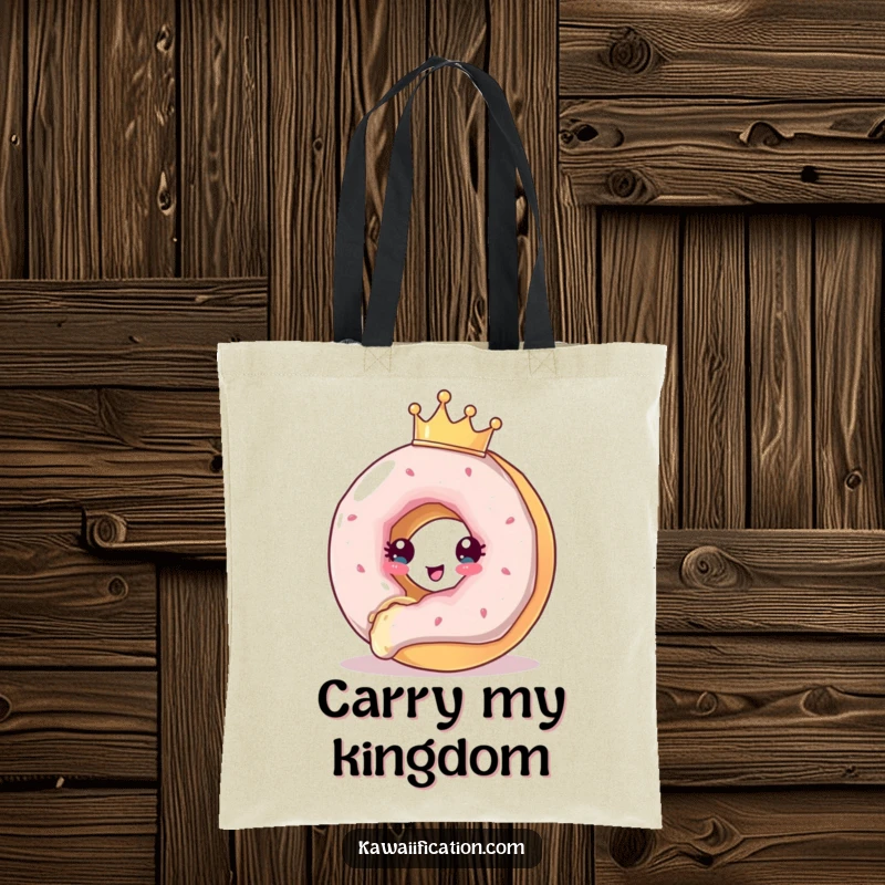 Funny Tote Bag featuring a donut wearing a crown, comically trying to escape being eaten, representing a playful fight for survival.